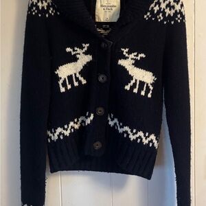 Abercrombie & Fitch Navy and White Reindeer Shawl-Collar Cardigan